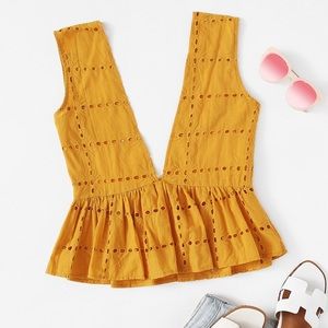 Ruffled Hem Hollow Out Blouse